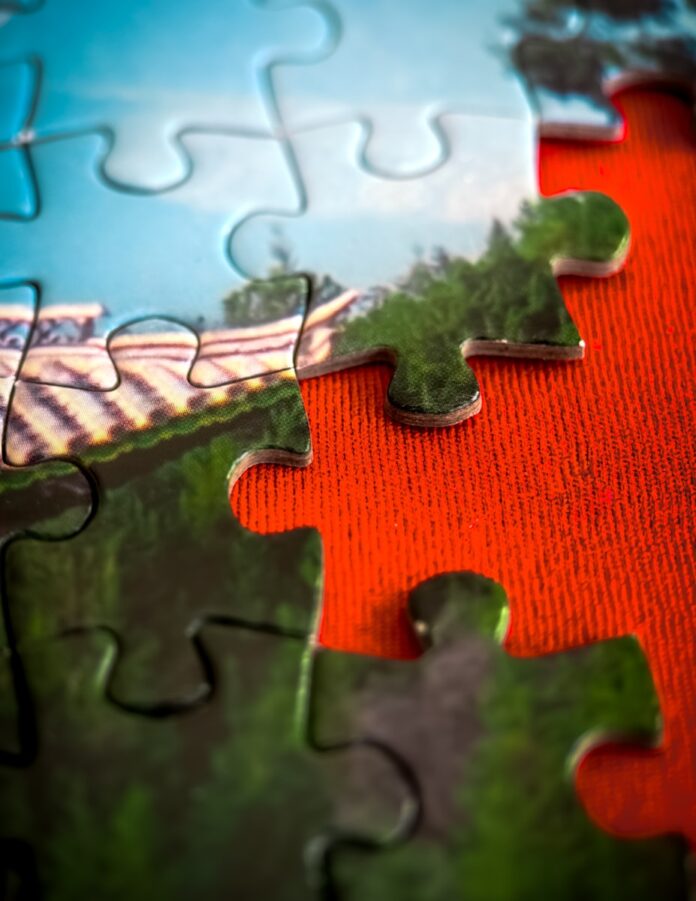 Photo by Steven Wong a piece of a puzzle with a picture of a bridge on it